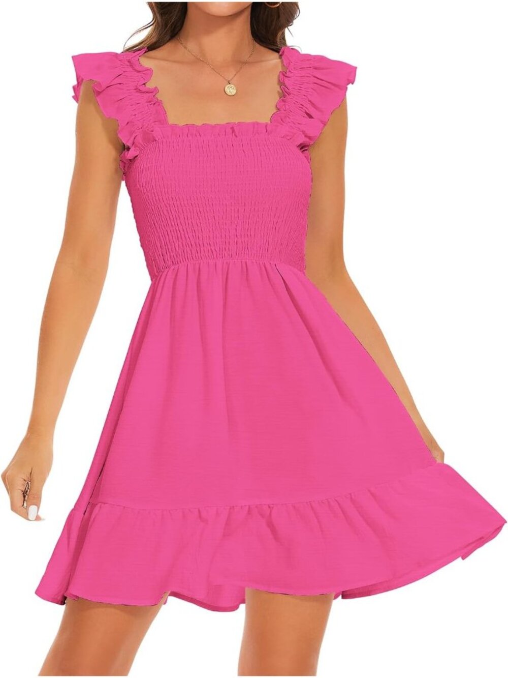 Women's Rose Smocked Dresses Square Neck Elegant Tiered Boho Ruffle Shoulder